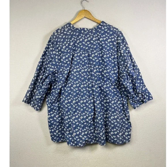 Breathable Button Front Blouse Womens 3XL Blue Floral 100% Cotton Pintuck Top - Picture 2 of 9